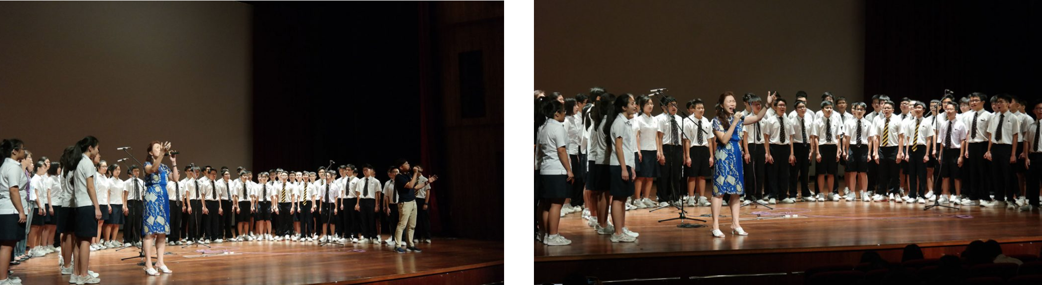 A large student choir in white uniforms performs on stage, led by a conductor in a blue dress, shown in two angles.